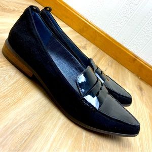 Dr. Scholl’s Black Faux Suede Patent Pointed Toe Slip On Flat Shoes Women 9.5